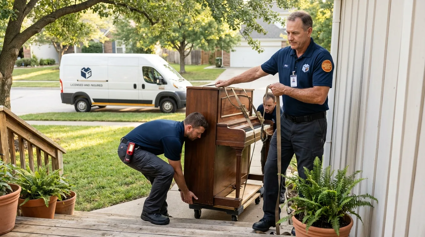 Licensed piano movers securing grand piano in Mora, NM