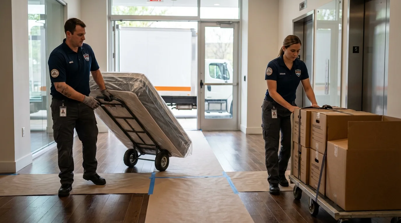 Professional apartment movers loading elevator in Mora, NM